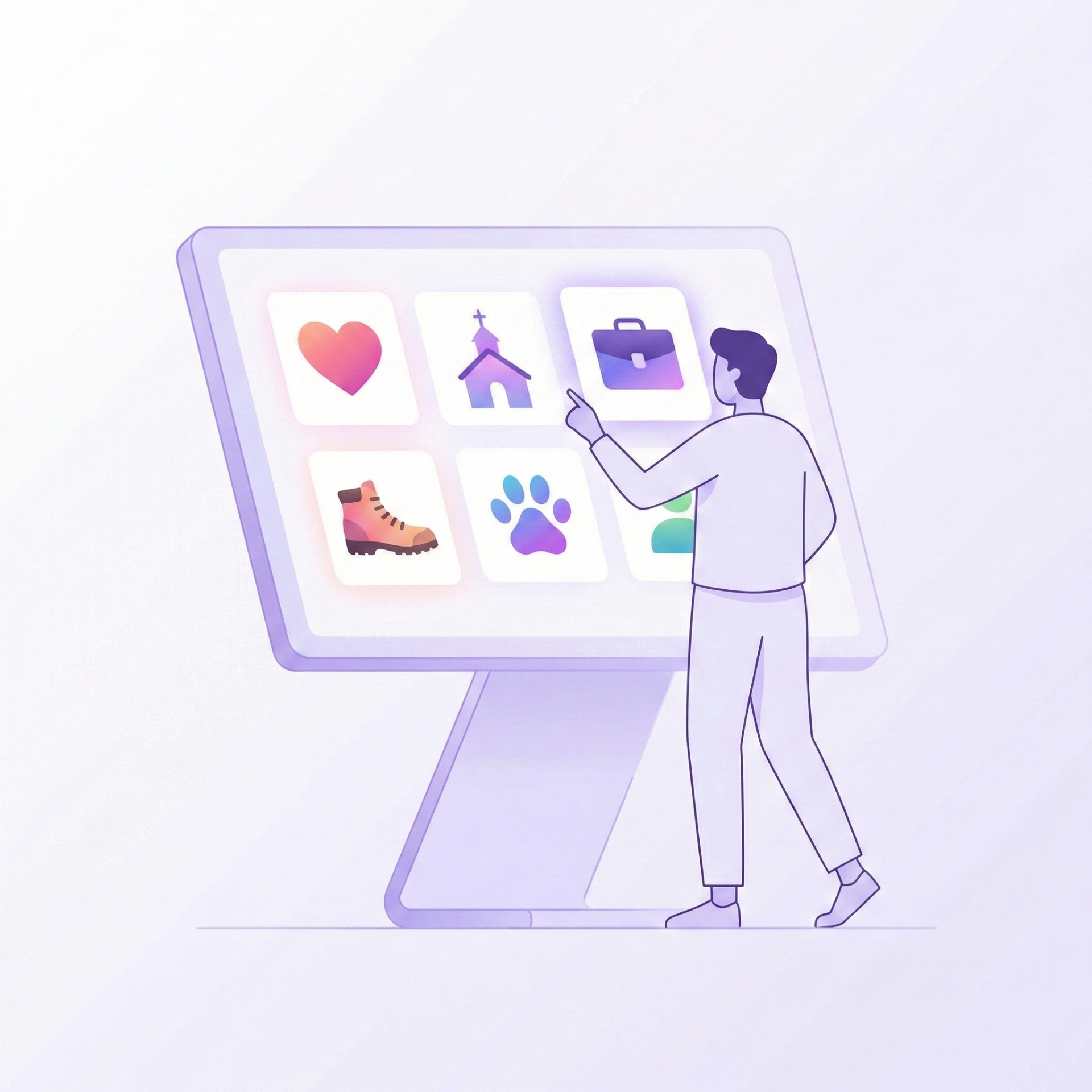 Person selecting a niche from categories like dating, religion, professionals, outdoor, pets, and community