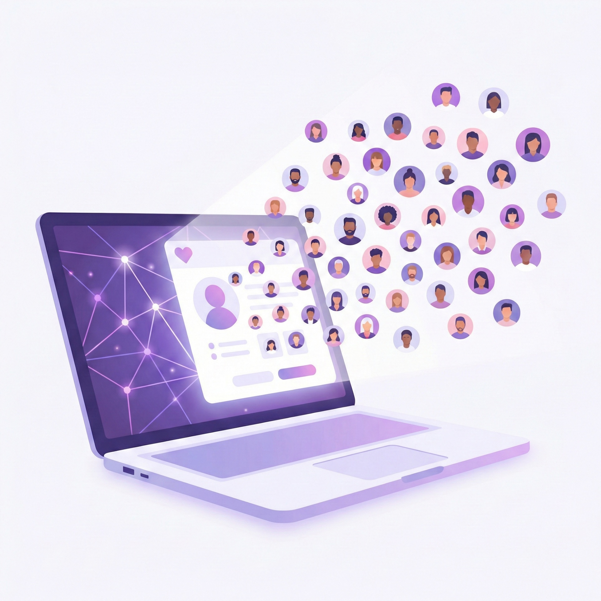 Laptop showing a dating platform with diverse member profiles flowing from the screen