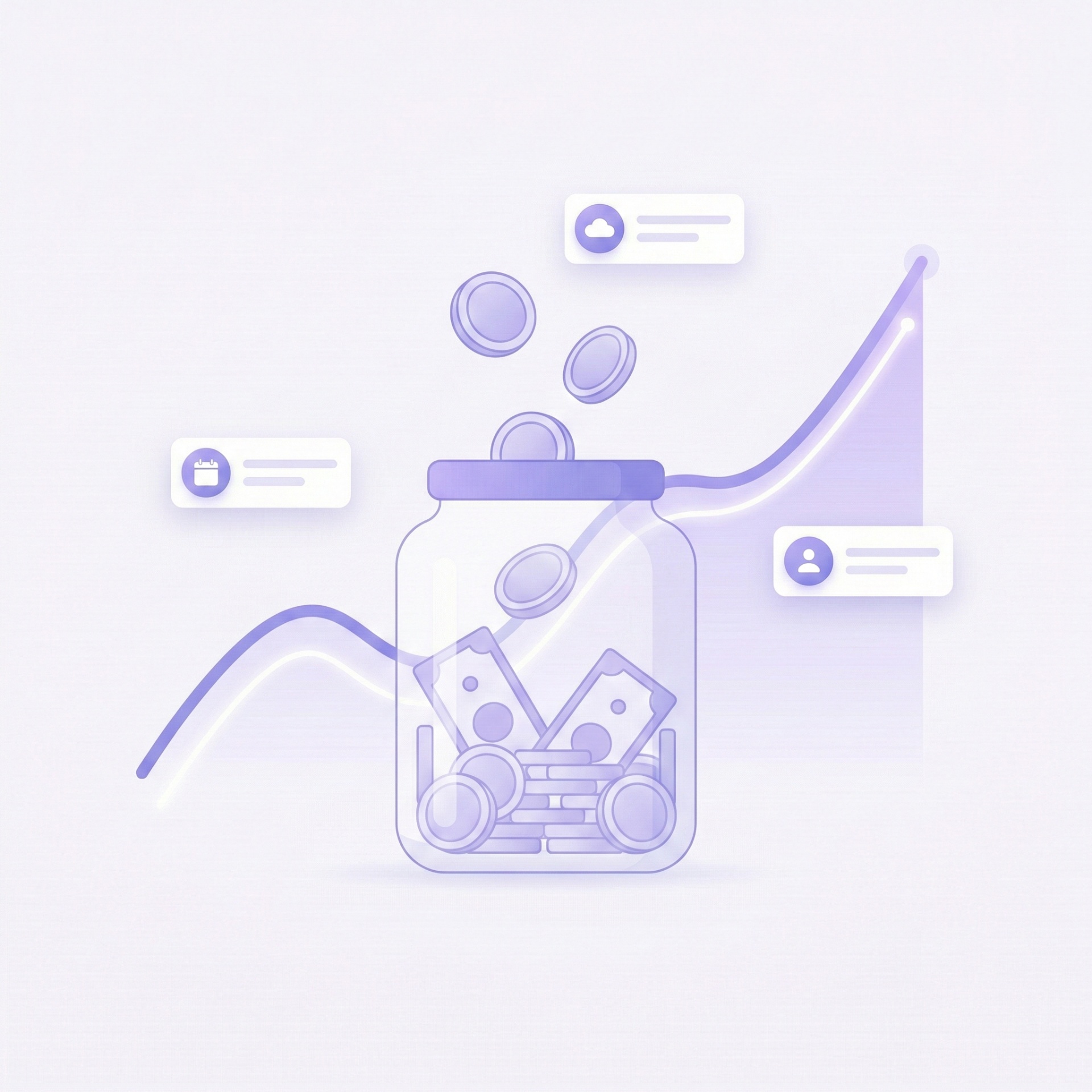 Glass jar collecting coins and revenue with a growth chart trending upward